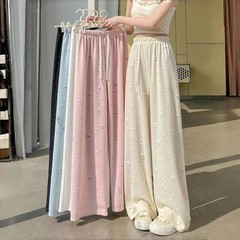 韓国風リップドパンツ、アイスシルクワイドレッグパンツ、レディース夏用薄手ハイウエストフロアレングスパンツ、スイートホットダイヤモンドルーズストレートパンツ