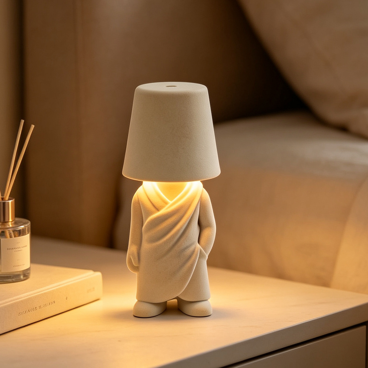 Cabecera de la cama con lámpara de consola de toque, tela de color, pequeño hombre de oro decoración dorada, estatuas de pensador, mesa LED image 28