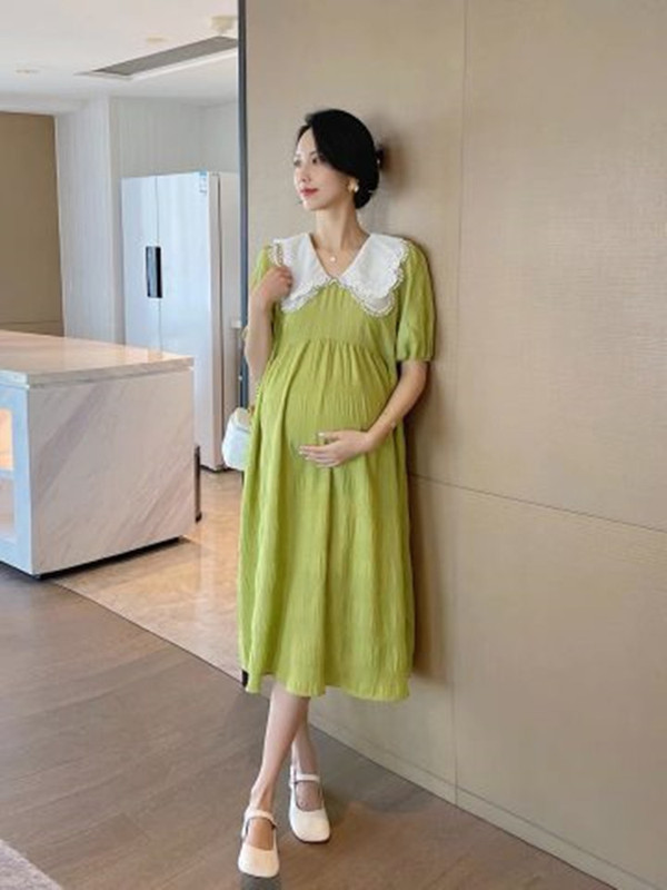2022 Summer Internet Celebrity Same Style Maternity Dress Lapel Loose Ruffle Short Sleeve Maternity Dress Hepburn Style Skirt