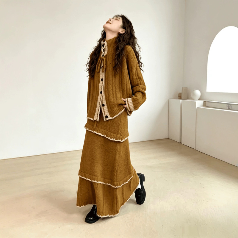YS Korean-style loose-fit color-block knit cardigan sweater and high-waisted long skirt set, a two-piece outfit YS Korean-style loose-fit color-block knit cardigan sweater and high-waisted long skirt set, a two-piece outfit