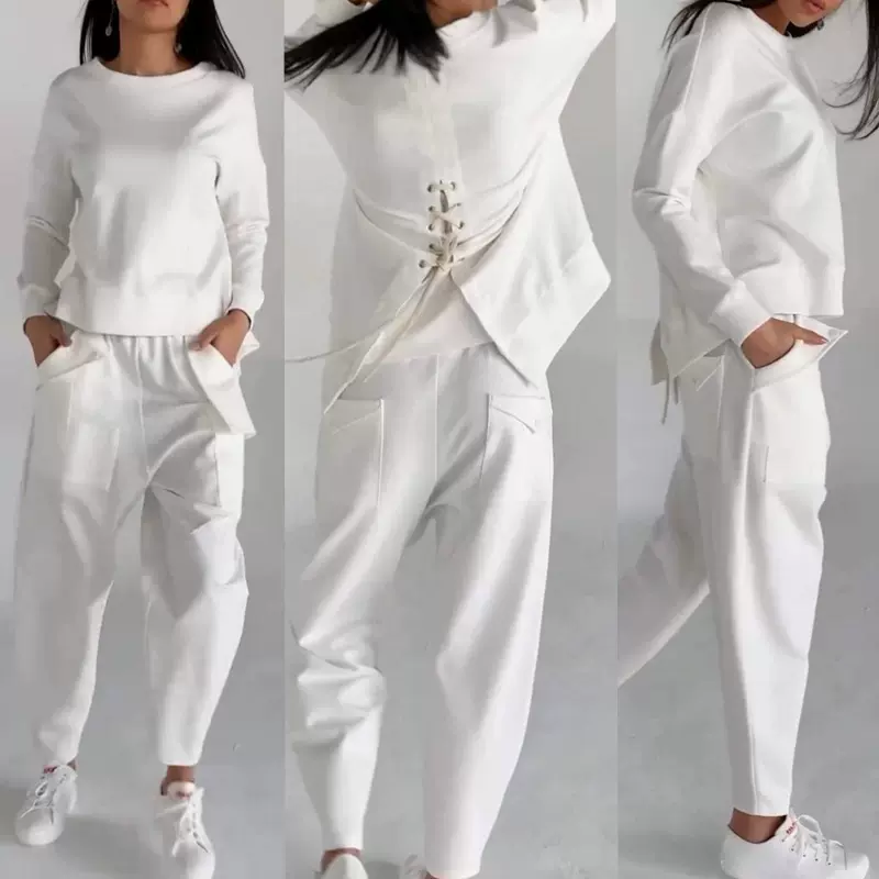 2024欧美外贸秋季新款时尚系带工艺多口袋潮流运动纯色休闲裤套装