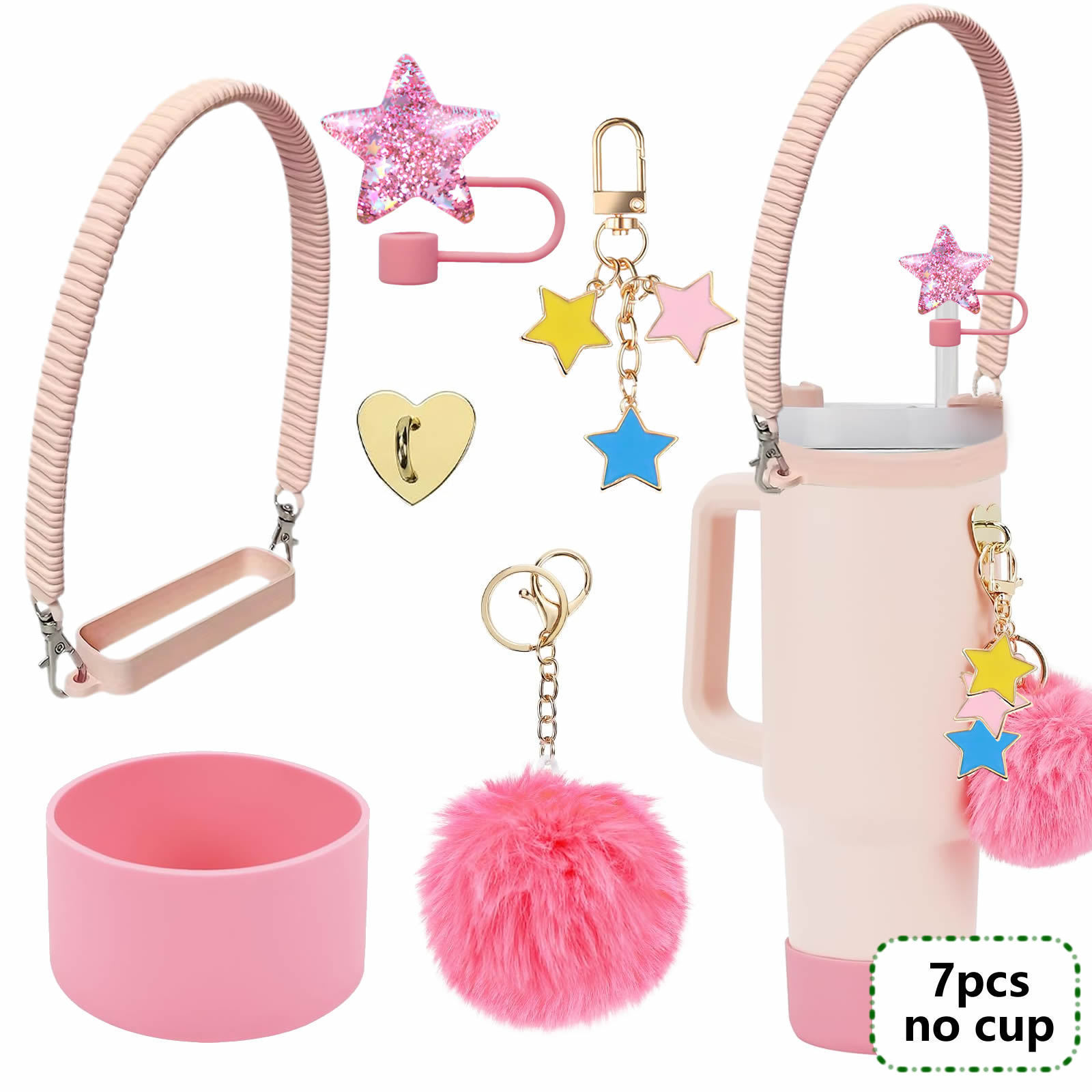 7pcs taza Stanley cuerda de mano colgante de silicona flor tapa de pajita bola de felpa colgante de copa cadena de taza de color