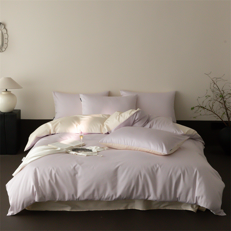Class A 100-count Simple Long-staple Four-piece Set, All-cotton Solid Color Duvet Cover, Bed Fitted Sheet, Pure Cotton_voghion.com
