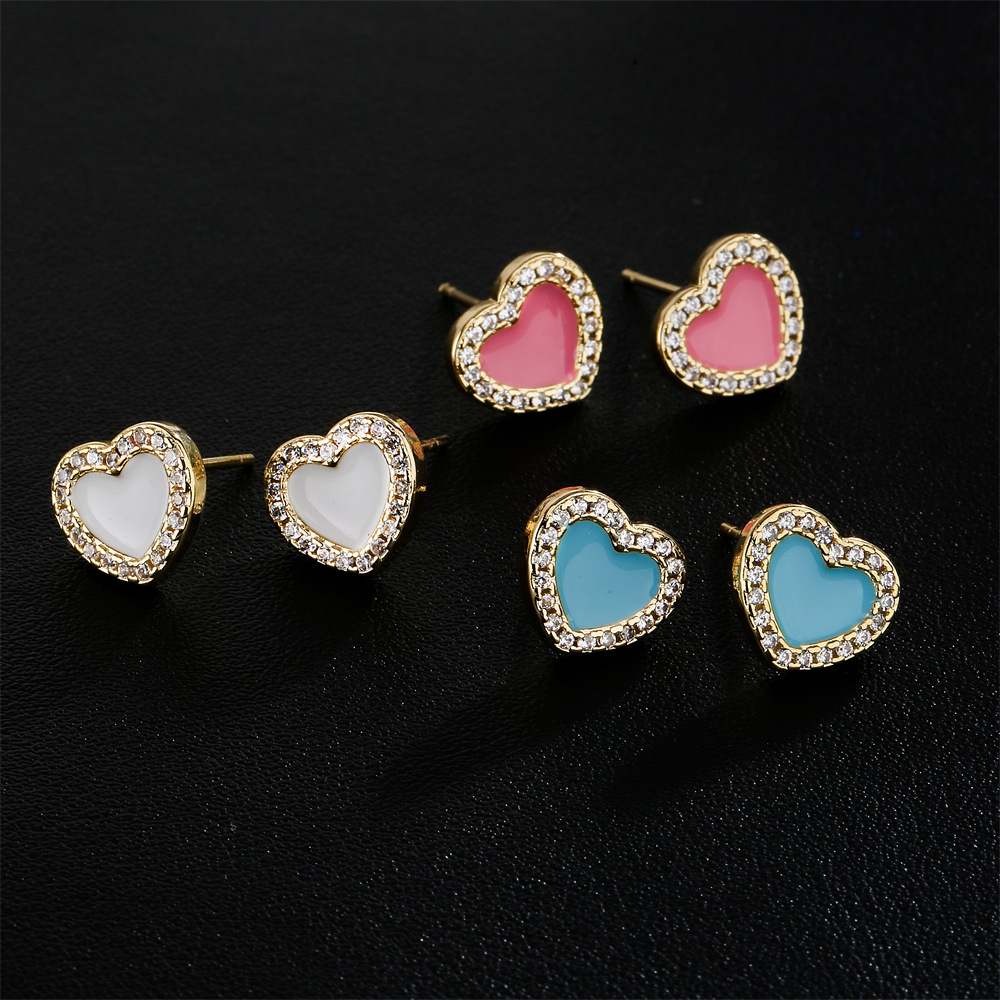 candy color oil drop copper plated 18K gold heart shaped zircon earrings femalepicture4