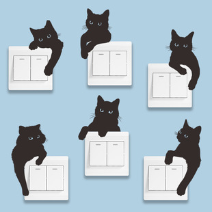 ∝Six Cute Black Cats Switch Stickers DIY Stickers for Cabinets, Bedrooms, Bedside, Living Room Wall Decoration Stickers