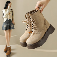 百搭新款2025秋冬平跟女靴瘦长靴中筒马丁皮面靴中跟百搭女靴MD02