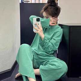家居服套装韩系高级感简约休闲绿色睡衣女2026年春秋新款长袖长裤