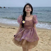 【隐形拉链，原版面料】欧根纱扎染连衣裙夏季泡泡袖高腰显瘦蓬蓬