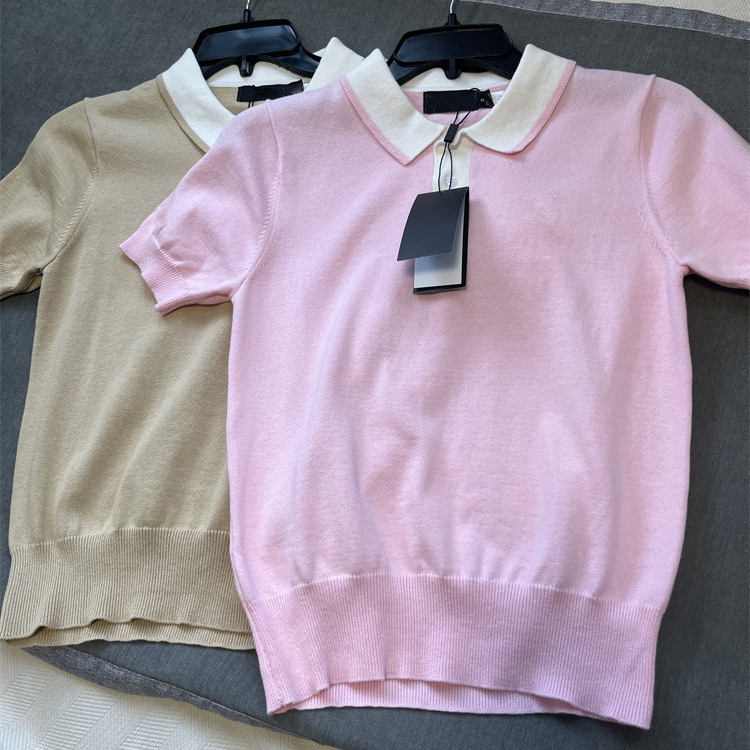 0503 American Women's New Summer Embroidered Soft and Color-Blocked Polo Collar Casual Short-Sleeve Knit Top
