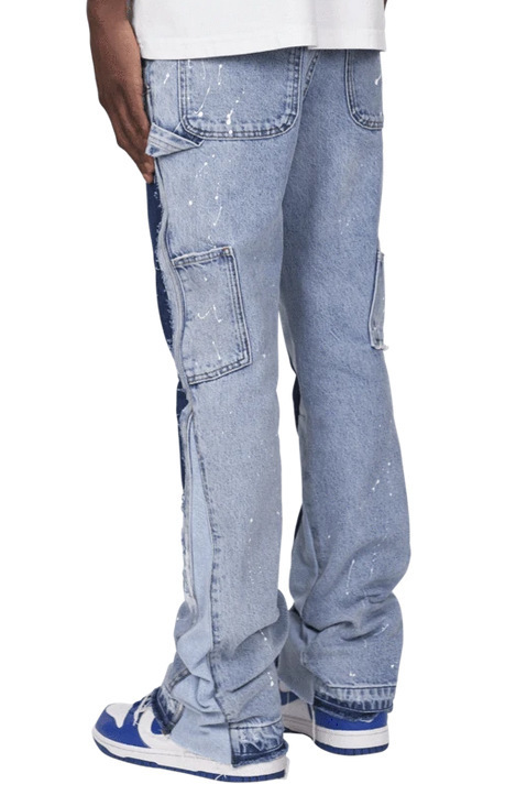 Men's Denim Overalls Fashion Elastic Patch Flared Jeans_voghion.com