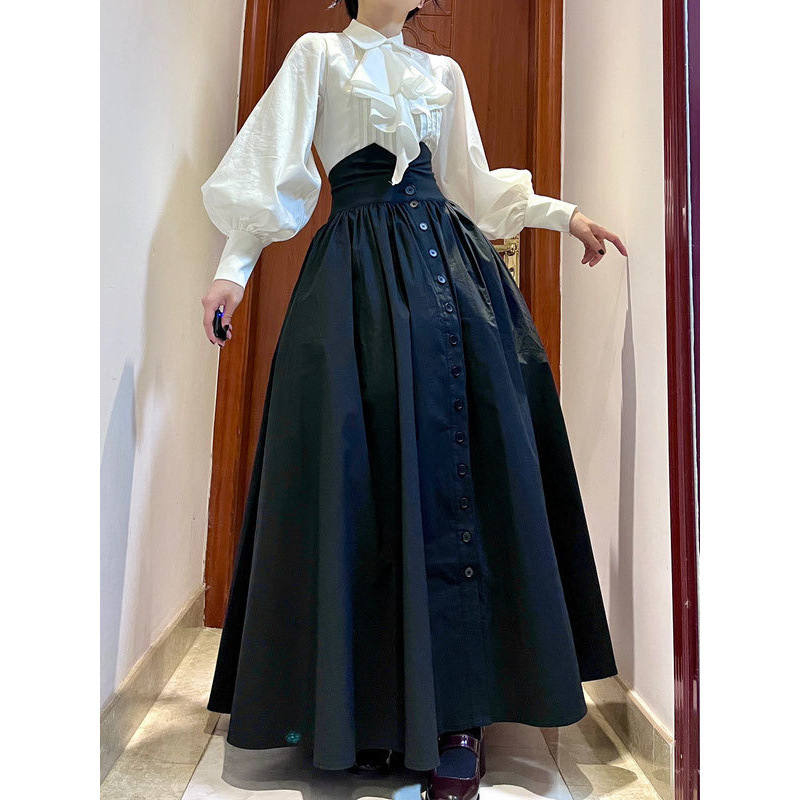 大码胖法式宫廷风灯笼袖衬衫女春秋季赫本风气质高腰黑色半身裙|undefined