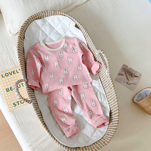 Children's brushed underwear set, boys and girls, warm pajamas, wool pull-frame autumn clothes, long trousers, combed cotton home clothes