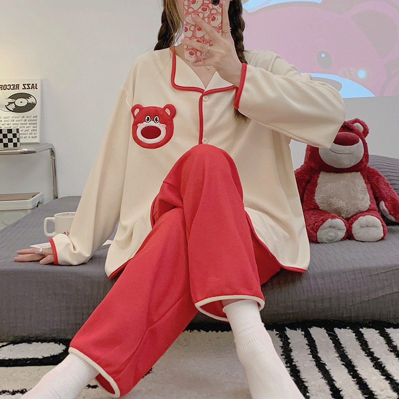 Internet Celebrity Bear pijamas mujeres waffle algodón Otoño e Invierno de manga larga pequeña solapa cardigan linda chica desgaste en casa traje