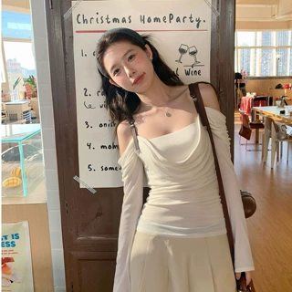 早春季新款设计感气质荡领皮质肩带长袖T恤女修身绝美甜辣妹上衣
