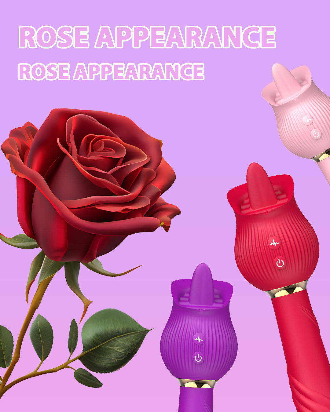 Afiya Rose Telescopic Sucking Vibrator with Tongue Licker, Pink Rose-Purple, Silicone & ABS — detail image 12