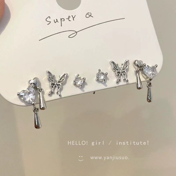 Six-piece set of butterfly heart earrings
