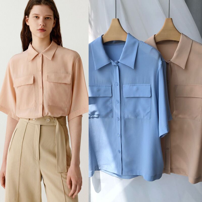 Elegant and Simple Xiaohuo Apricot Pink and Blue Fashionable Sand-Washed Silk Crepe Short-Sleeve Shirt with Pockets for Women Elegant and Simple Xiaohuo Apricot Pink and Blue Fashionable Sand-Washed Silk Crepe Short-Sleeve Shirt with Pockets for Women