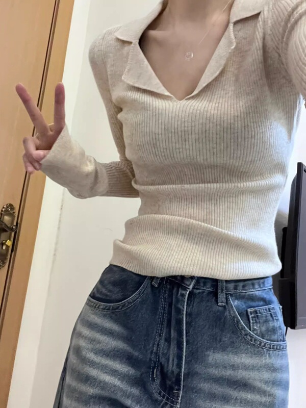 纯欲风辣妹POLO针织衫女早秋穿搭打底设计感小众修身显瘦别致上衣|undefined