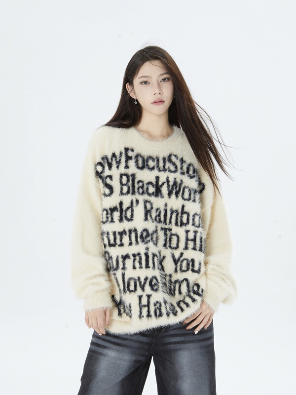 American-Style Jacquard Letter Round Neck Seahorse Wool Couple Sweater Autumn and Winter Niche Knit Top