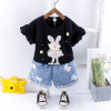 Children's summer set, lace sleeves, cartoon cute rabbit with bow, with short sleeve, season 2021, children's clothing