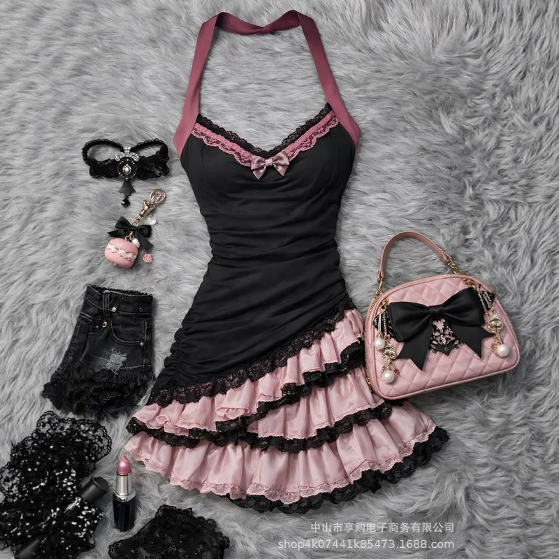 Y2K Summer Fashion New French Lace Bow Polka Dot Sexy Hot Girl Casual Fashion Dress Ready in Stock