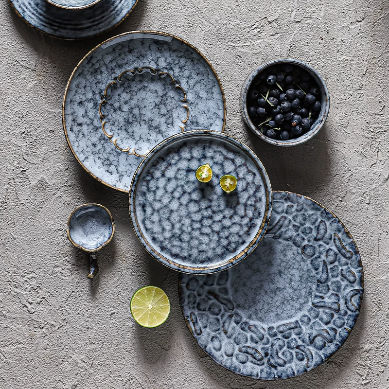 Ceramic tableware set, Japanese retro marble glaze, premium light-luxury design