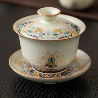 汝窑三才盖碗茶杯高档茶碗带盖泡茶功夫茶具海水江崖陶瓷敬茶盖碗