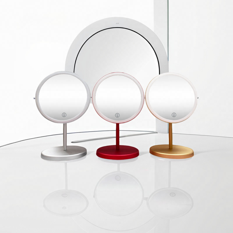 Espejo de maquillaje led de metal de escritorio redondo personalizado inteligente con luz de relleno de tres colores conveniente espejo de tocador de escritorio