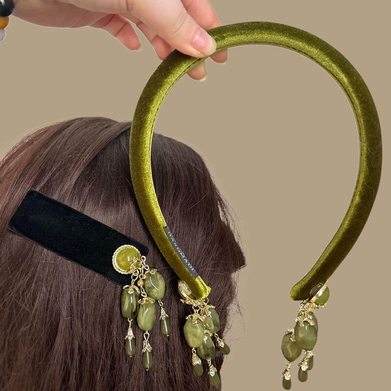 新しい中国風オリーブグリーンヘアバンドヘアピンベルタッセルヘッドバンドヘアピンBBクリップハイエンド絶妙なヘアアクセサリー頭飾り|undefined