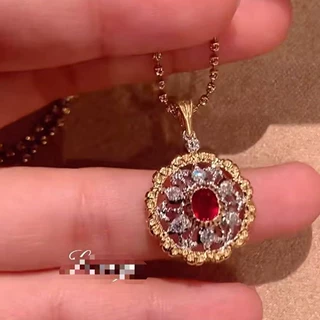 纯银S925银意大利雕金工艺红宝石项链小众颈饰轻奢闪钻项链女ins