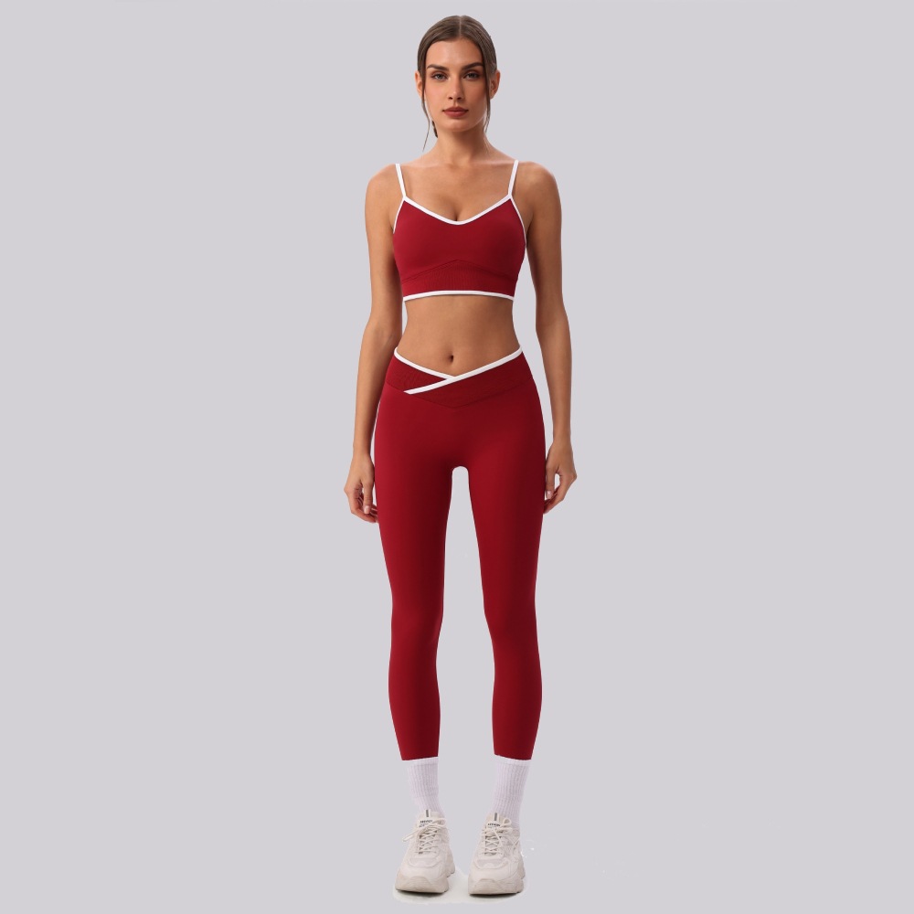 Chaleco deportivo de color contrastante trajes de yoga cruzados cintura alta caderas pantalones ajustados set 2026 nuevos trajes de ejercicio