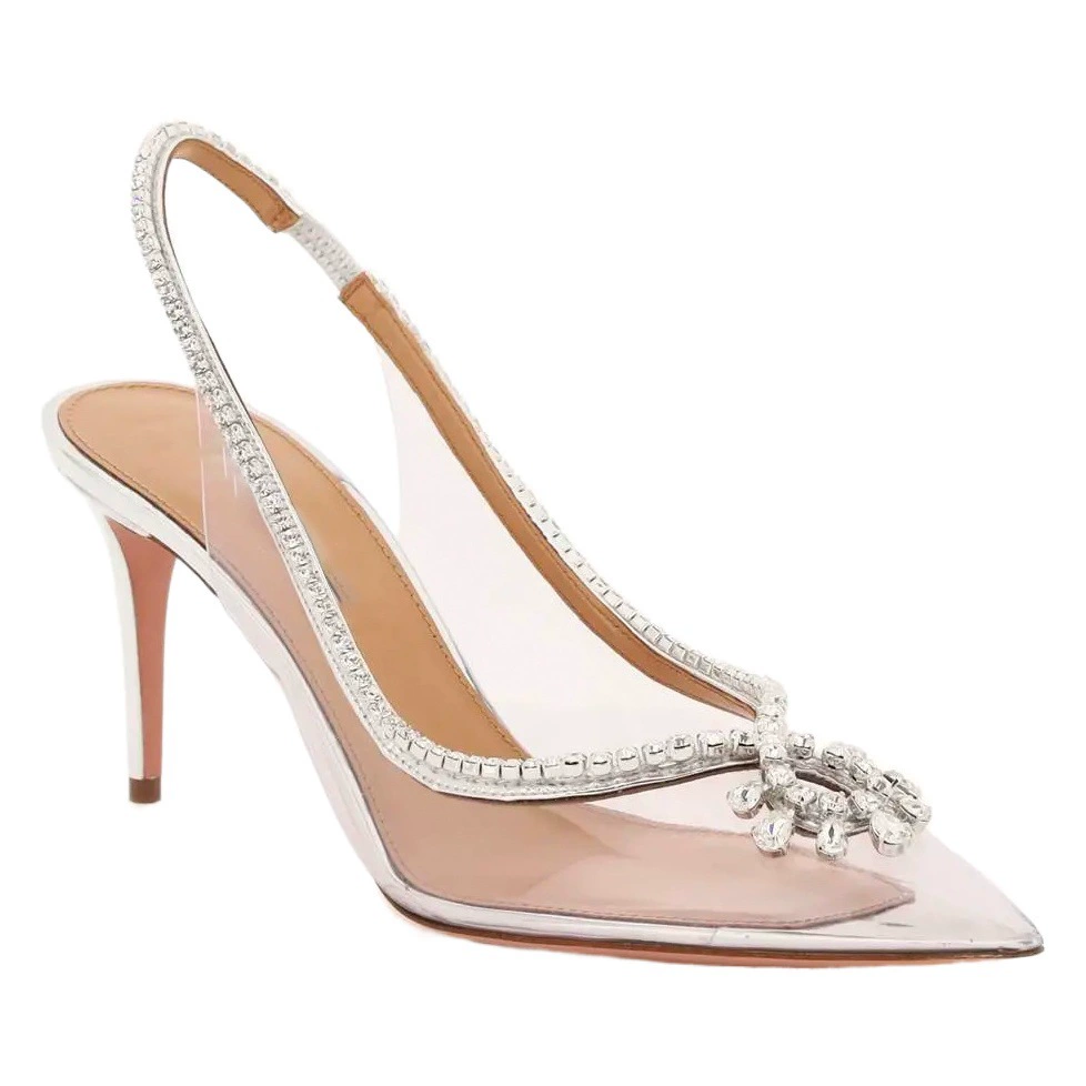 Производители от имени трансграничных весенних и летних новых европейских и американских ветровых заостренных серебряных прозрачных стразов цепи модные женские туфли на каблуках