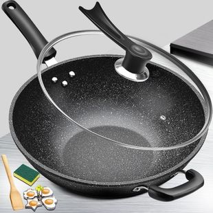 Medical Stone Wok Non-Stick Pan Household Induction Cooker Gas Stove Universal Oil-Free Flats Bottom Cooking Medium and High
