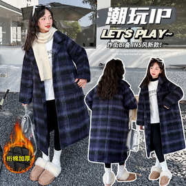 女童呢子大衣2025新款秋冬装洋气中大童儿童夹棉长款格子毛呢外套