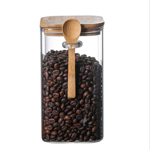 Square heat-resistant glass sealed jar household coffee bean storage jar with wooden spoon condiment bottle kitchen food storage jar