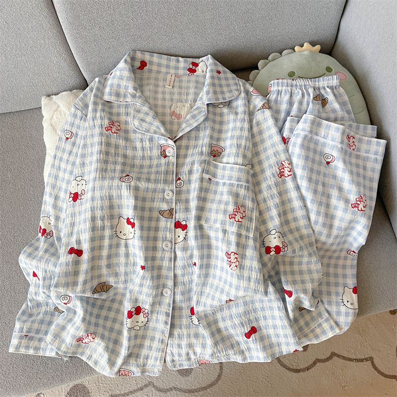 Al por mayor transfronterizo primavera y otoño nuevo pijama de mujer nubes de algodón con solapa cardigan de manga larga pantalones dulces set de ropa para el hogar