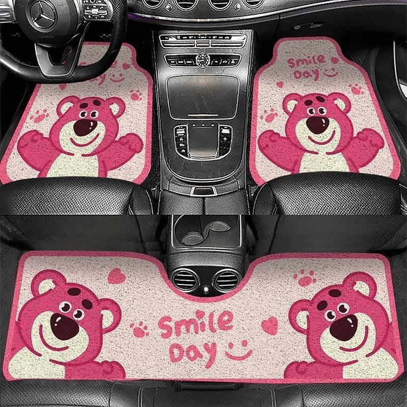 Hot-Selling Cartoon Strawberry Bear Silk Loop Car Floor Mats, Dirt-Resistant, Wear-Resistant, Easy to Care For, Three-Piece Car Mat Set