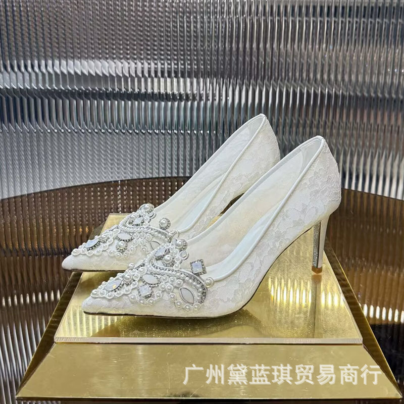 rc宝石尖头高跟鞋女真皮气质后绊带网纱单鞋细跟浅口秀禾伴娘婚鞋|undefined