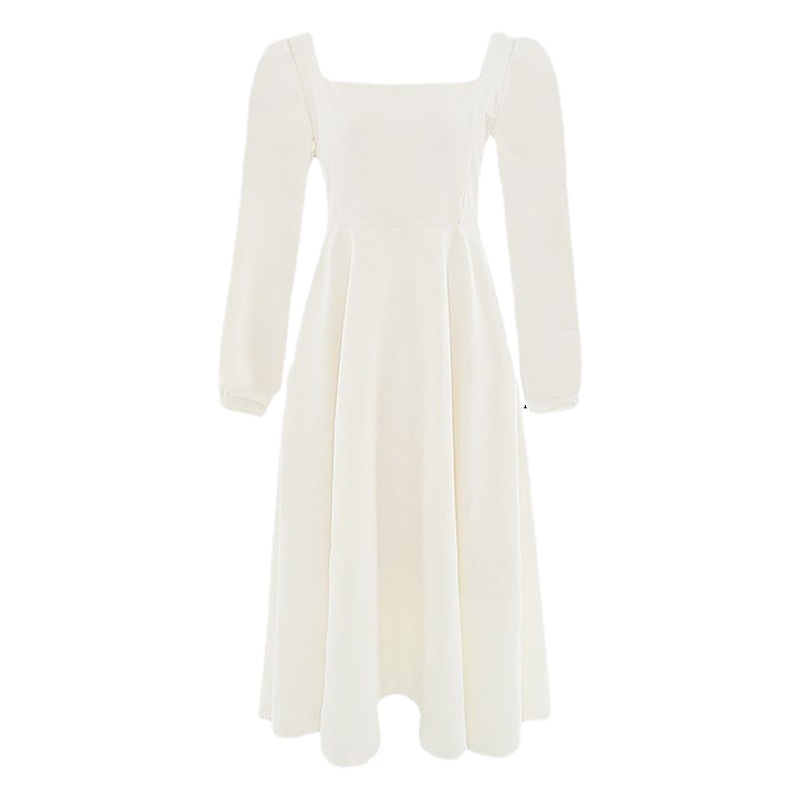 Vestido de moda de primavera de las mujeres Vestido de manga larga elegante cuello cuadrado sobre la rodilla largo estilo Hepburn pequeño vestido negro image 1