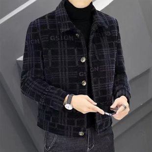 2024 New Autumn and Winter Short Plaid Woolen Jacket Men's High-end Korean Casual Lapel Woolen Jacket Trendy