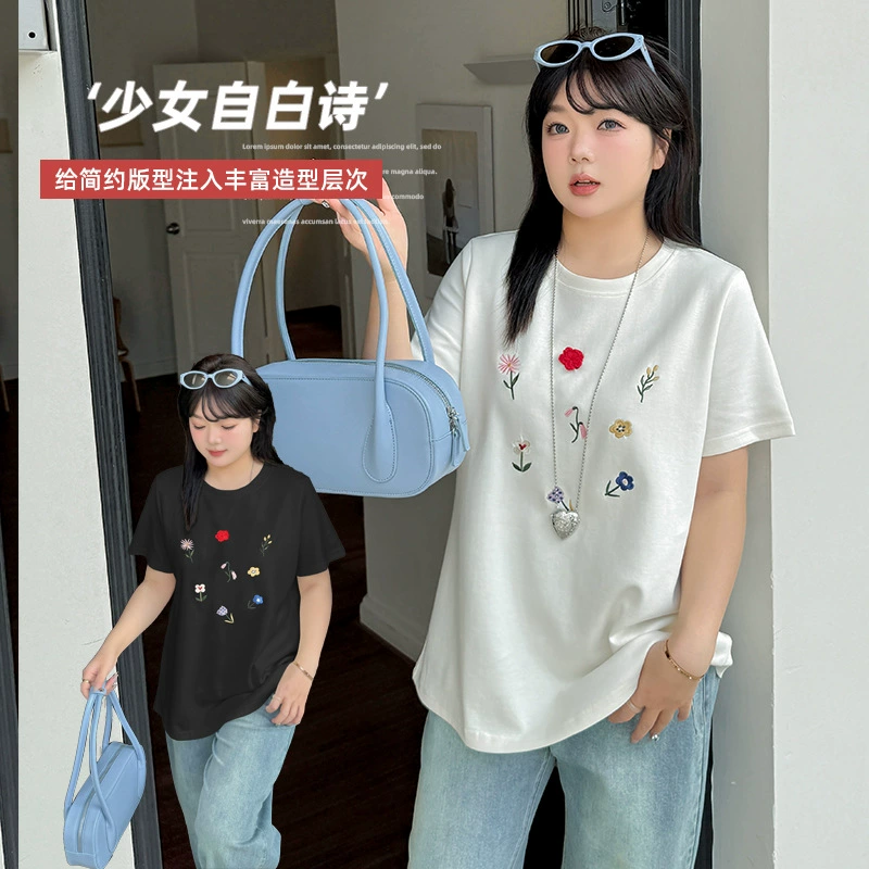 Yino плюс размер женская сладкая цветочная вышивка с круглым вырезом футболка 2025 весна новый тонкий топ 132041