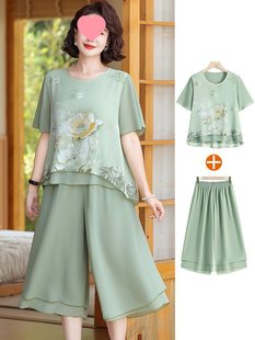 Mom Summer Suit 2025 New Large Size Middle-Aged and Elderly Women's Short-Sleeved Tops Summer Fashion Chiffon T-Shirts