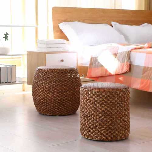 Rattan Chinese-style solid wood straw makeup low drum stool home living room coffee table changing shoes sitting pier guzheng piano board high stool