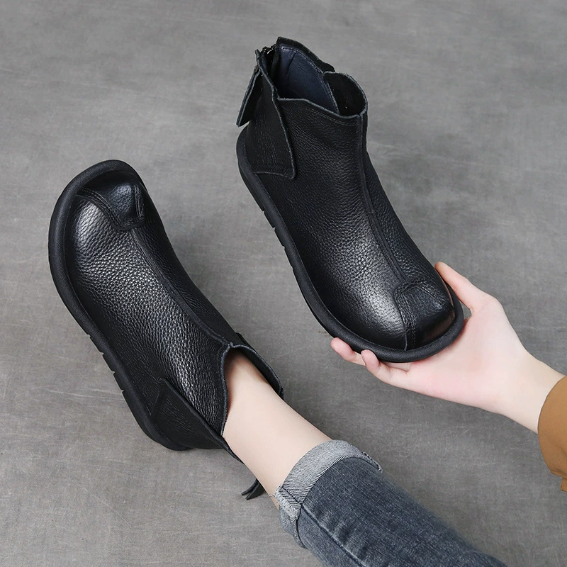 Новые осенне-зимние женские ботинки из натуральной кожи, мягкая кожа, мягкая подошва, ретро-стиль, круглый носок, весенне-осенние сапоги, плоская подошва, этнический стиль.