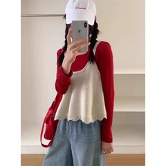 U领叠穿毛衣马甲女2025早秋新款百搭纯色圆领花边针织衫背心上衣