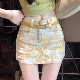 黄色碎花扎染牛仔半身裙女夏季高腰显瘦字短裙百搭一步包臀裙子