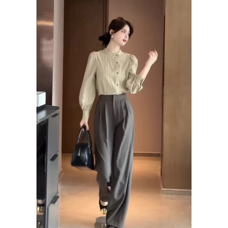 高级感时尚套装2025秋季新款干练气质女装小香风衬衫阔腿裤两件套|undefined