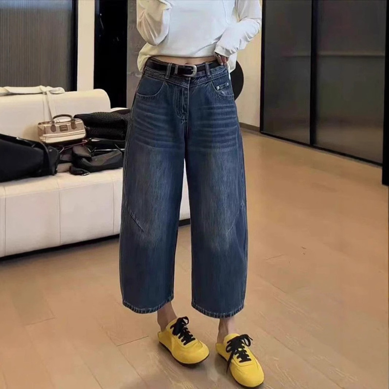 European Style Cropped Jeans for Women 2025 Spring/Summer New Plus Size Pear-Shaped High-Waisted Loose Slimming Casual Pants