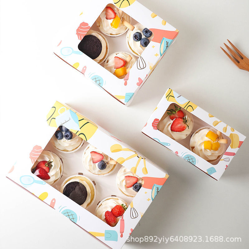 纸杯蛋糕包装盒慕斯杯马芬杯2/4/6卡通马卡龙蛋挞打包雪媚娘盒子