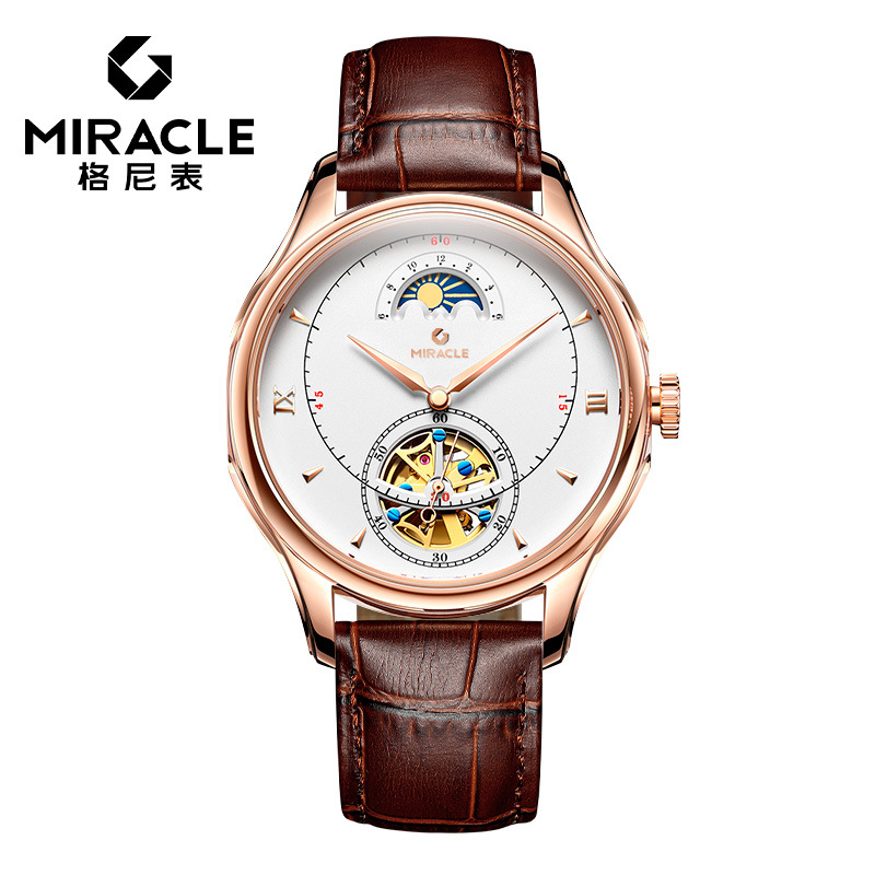 Đồng hồ cơ nam automatic lộ máy tourbillon vỏ hồng trắng dây da cà phê — Vỏ hồng trắng da cà phê
